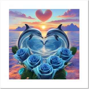 Dolphin Hearts Of Love With Blue Roses At Sunset 6 Posters and Art